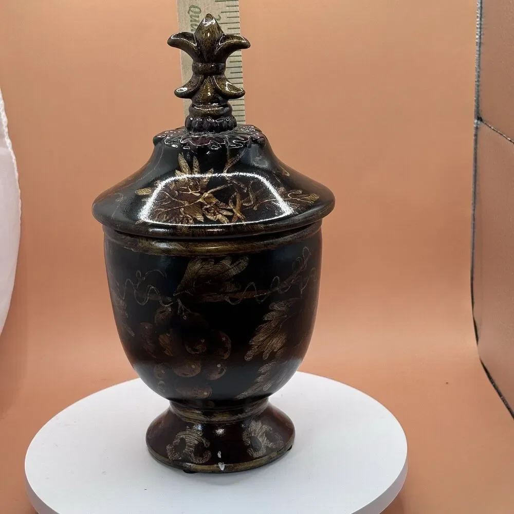 Decorative Black Lidded Urn Canister Gold Acorn Oak Leaf Harvest Decor 12